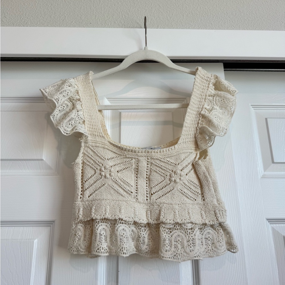 Zara Cream Crochet Ruffle Top